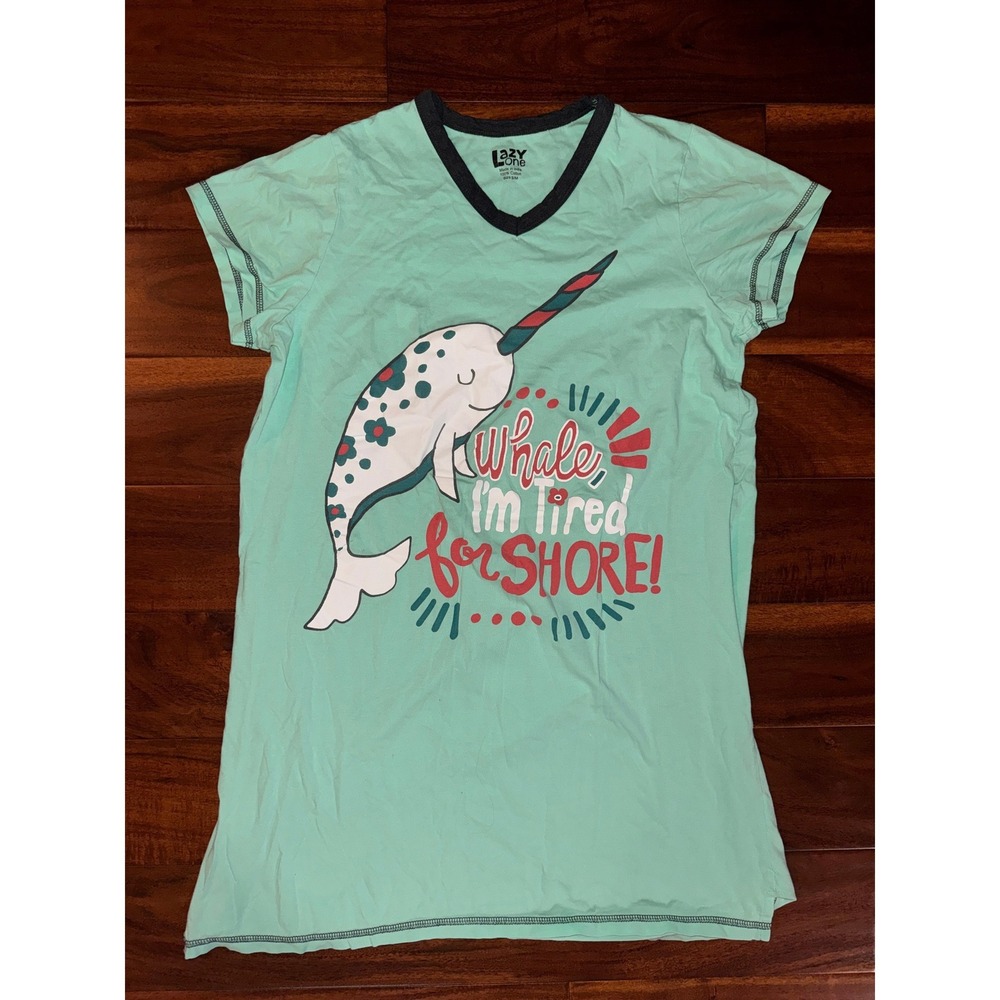 Lazy One Whale I'm Tired For Shore Narwhal Sleep Shirt Mint Green Cotton S/M